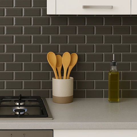 Dark Grey Bevelled Metro Ceramic Mosaic Wall Tile as Kitchen Splashback