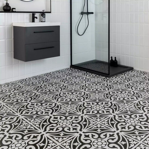 Devonstone Black Pattern Wall and Floor Ceramic 45x45cm Tile on Bathroom Shower Floor