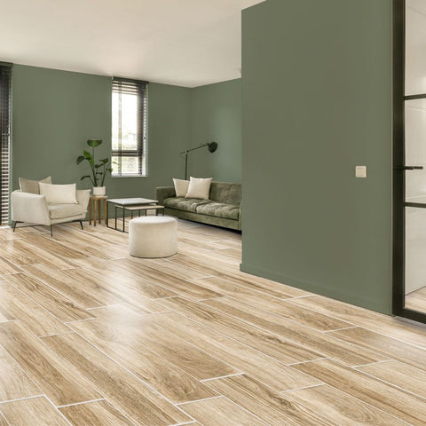Dream Testament Blonde Light Wood Effect 7.5x20cm Floor Tile in Living Room