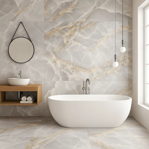Modern bathroom with a grey and white onyx marble effect tiles, freestanding bathtub, sink, and decorative mirror.