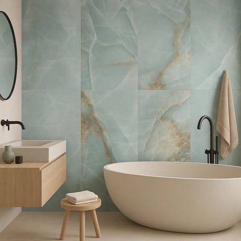 Modern bathroom with green onyx marble-patterned tiles, a freestanding bathtub, and wooden vanity.