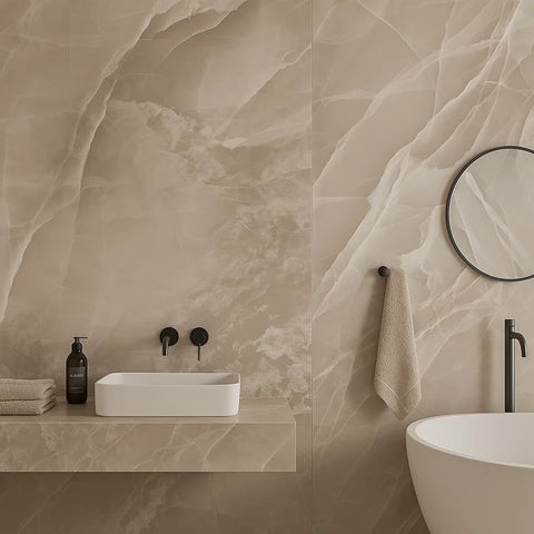 Elysian Onyx XL Sandstone Beige 600x1200mm Polished Porcelain Marble Effect Wall and Floor Tile