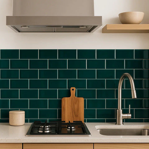 Emerald Green Gloss Bevelled Metro Subway Ceramic 100x200mm Wall Tile as Kitchen Splashback