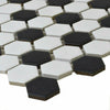 Hexagonal tiles in black and white pattern on a white background