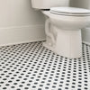 White toilet with a black and white hexagon mosaic tile patterned floor