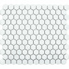 Hexagonal white tiles with black grout on a white background