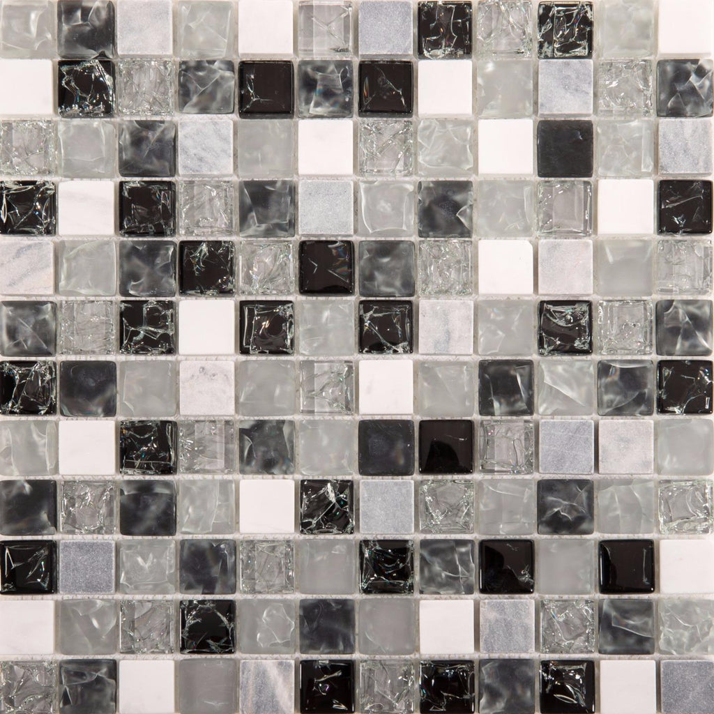 Galactic Grey, Black, and White Glass and Stone Mosaic Wall Tile Product Photo 1