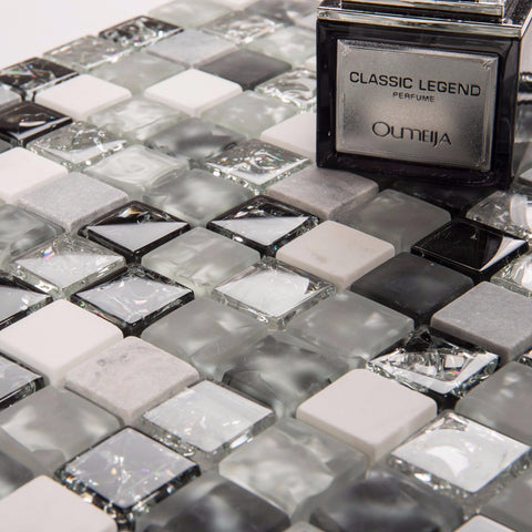 Galactic Grey, Black, and White Glass and Stone Mosaic Wall Tile Product Photo 2