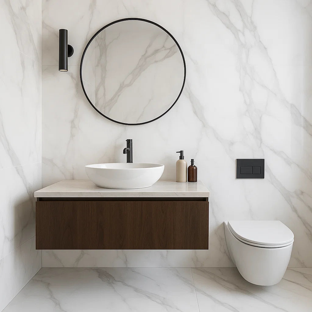 Modern Bathroom with Gentle White Marble Effect Polished Porcelain Tiles