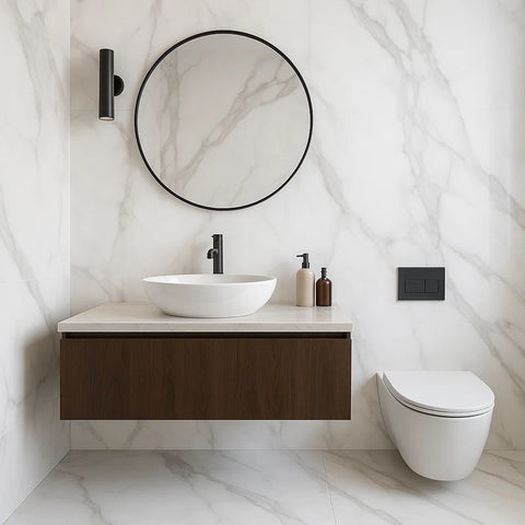 Modern Bathroom with White Marble Effect Tiles, 60x60cm on Floor and 60x120cm on Wall
