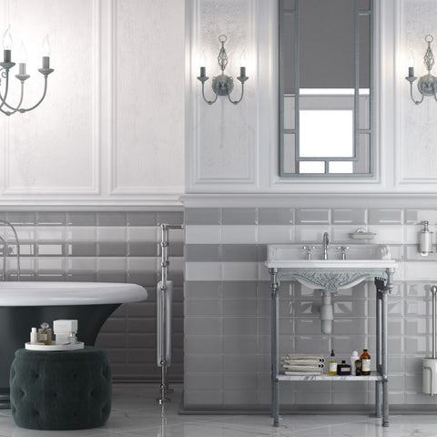 Grey Gloss Bevelled Metro Ceramic Wall 100x200mm Tile on Bathroom Wall