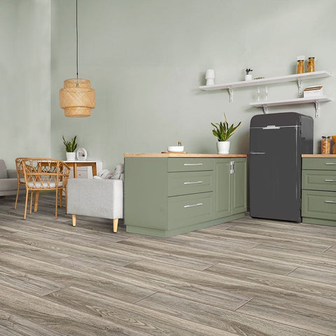 Herare XL Wood Effect Ice Grey 120x20cm Floor Tile in Kitchen