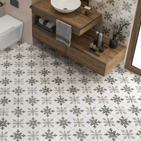 Heritage Grey Monochrome Patterned Ceramic Wall and Floor Tile in Bathroom on Wall and Floor