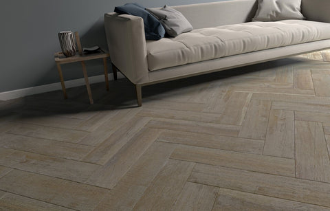 Heritage Gris Grey Wood Effect 15x60cm Porcelain Wall and Floor Tile in Living Room
