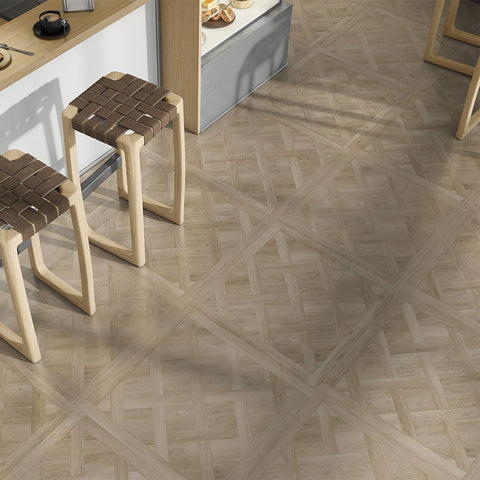 Homer Parquet Blonde Oak 600x600mm Wood Effect Floor Tile in Kitchen