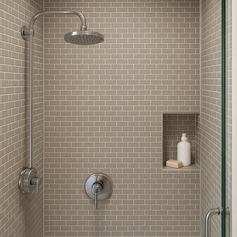 Light Grey Bevelled Metro Ceramic Mosaic Wall Tile in Shower Enclosure