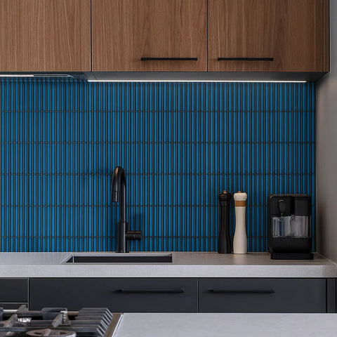 Linea Arlo Azure Blue Rectangle Mosaic Porcelain Wall Tile as Kitchen Splashback