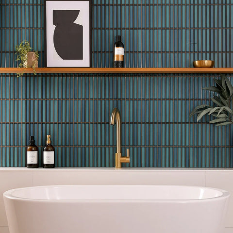 Linea Arlo Verde Mare Blue and Green Rectangle Mosaic Porcelain Wall Tile as Bathroom Feature Wall