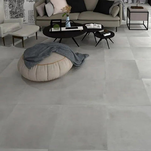 Lunara Concrete Dark Gris Grey Stone Effect 600x600mm Porcelain Floor Tile on Living Room Floor