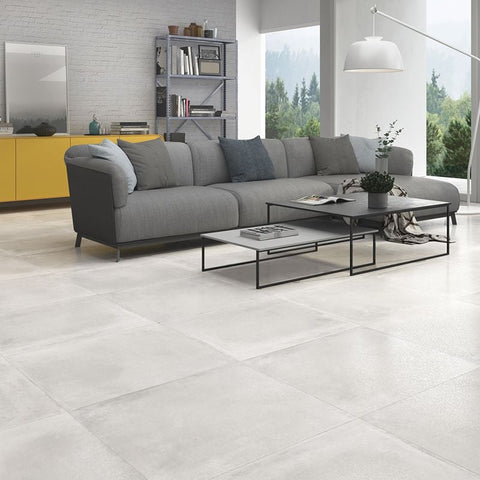 Lunara Concrete Light Gris Grey Stone Effect 600x600mm Porcelain Floor Tile on Living Room Floor