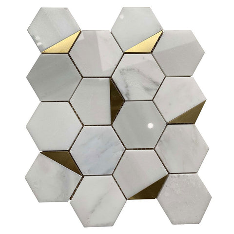 Luxor Hexagon White and Gold Marble Mosaic Wall and Floor 278x337mm Tile Product Photo