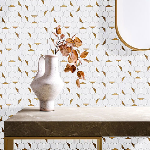 Luxor Hexagon White and Gold Marble Mosaic Wall and Floor 278x337mm Tile on Wall with Gold Mirror and Flower in Vase