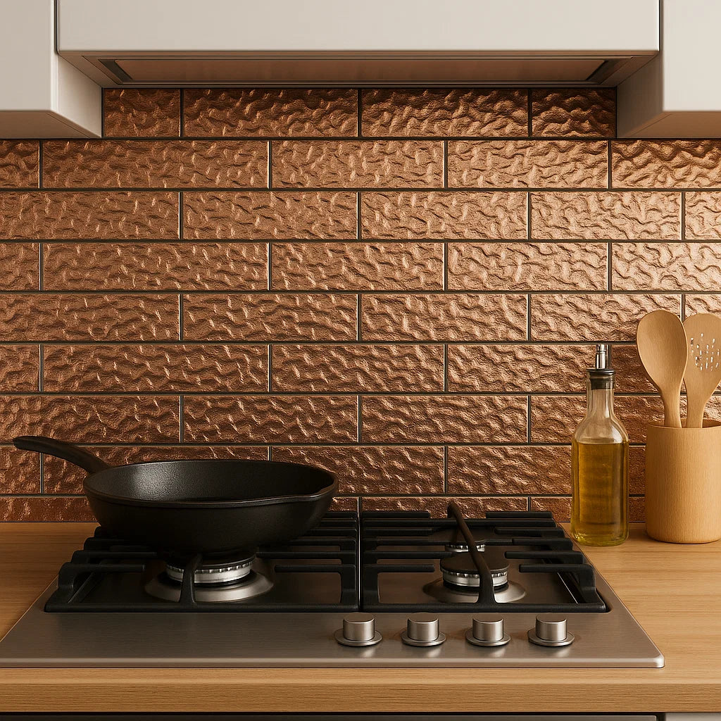 Melted Rose Gold Copper 3D Glass Metro 75x300mm Metro Wall Tile as Kitchen Splashback