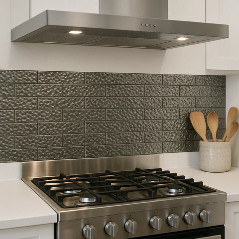 Melted Silver 3D Glass Metro 75x300mm Metro Wall Tile as Kitchen Splalshback