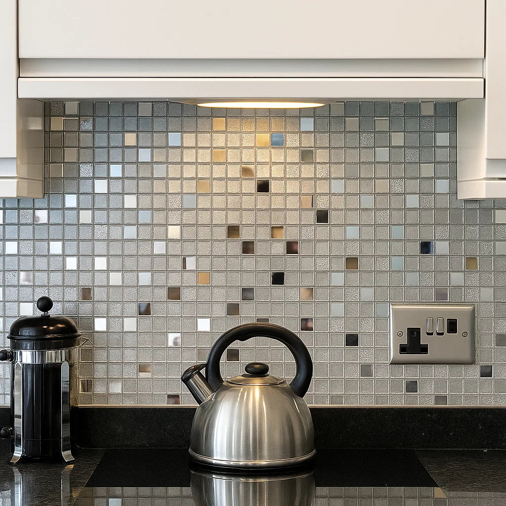 Metallic Mirror Mosaic with Frosted and Sparkle Glitter Glass Silver Square Mosaic Wall Tile on Wall as Kitchen Splashback