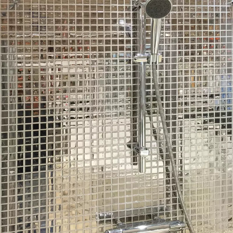 Metallica Silver Glass Square Wall Mosaic Tile in Shower
