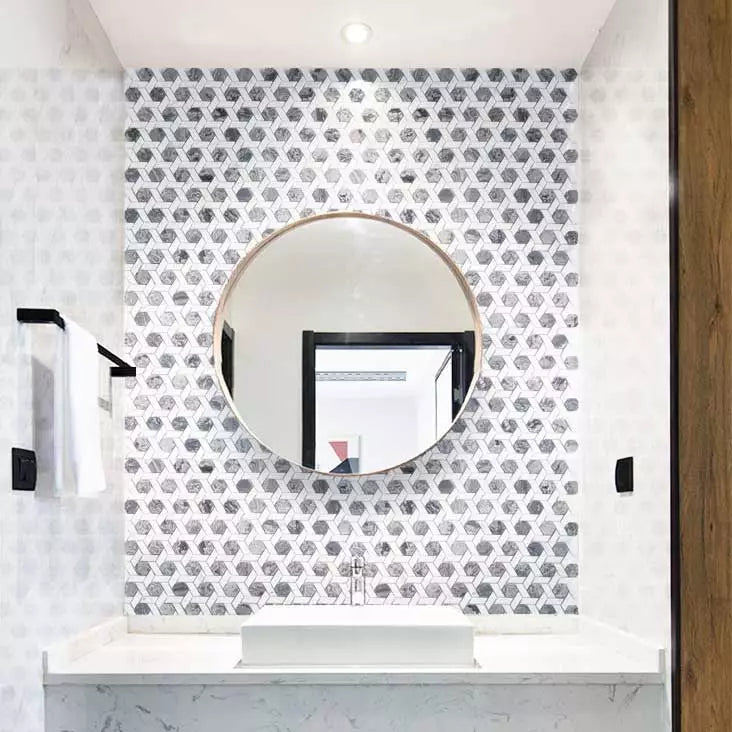 Meteorite Hexagon Authentic White and Grey Marble Mosaic Wall and Floor Tile in Bathroom as Feature Wall