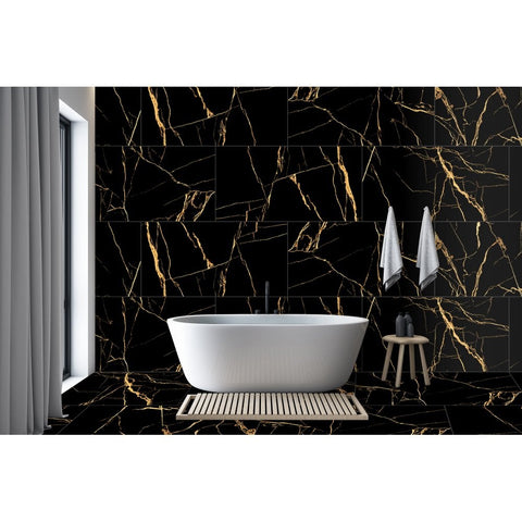 Nero Marquina Aurora Luxe Black and Gold Matt 1200x600mm XL Marble Effect Floor and Wall Tile in Bathroom