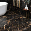 Nero Marquina Black and Gold Polished Marble Effect 600x600mm Floor Tile in Bathroom 2