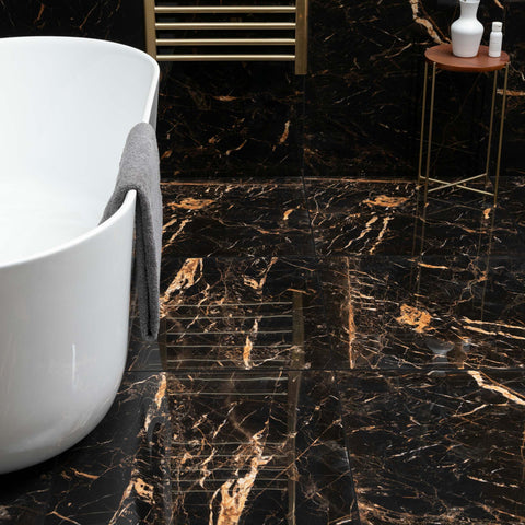 Nero Marquina Black and Gold Polished Marble Effect 600x600mm Floor Tile in Bathroom