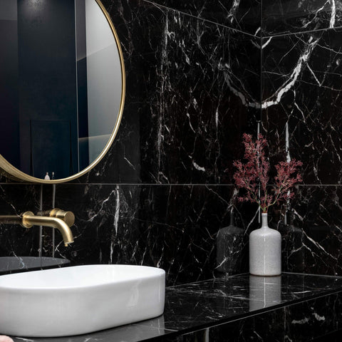 Nero Marquina Black and White Polished Marble Effect 1200x600mm Wall and Floor Tile in Bathroom