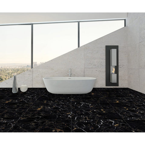 Nero Marquina Mystic Polished Black and Gold Marble Effect 600x600mm Wall and Floor Tile in Bathroom