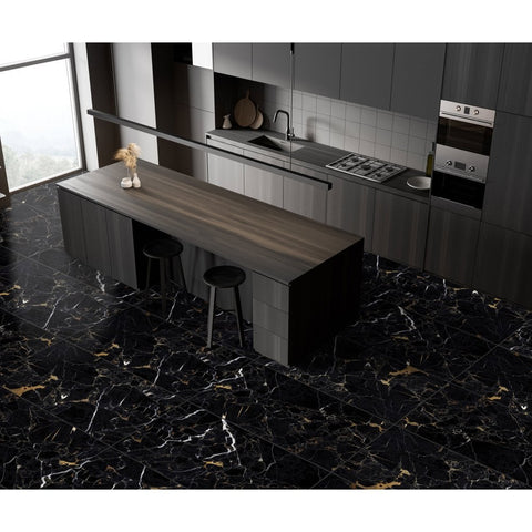 Nero Marquina Mystic Polished Black and Gold Marble Effect XL 1200x600mm Wall and Floor Tile in Kitchen