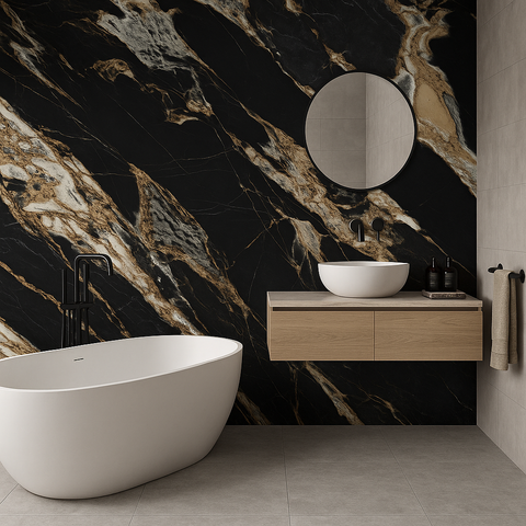 Noir Aurelia Black Marble Effect XL 1200x600mm Wall and Floor Tile on Bathroom Wall