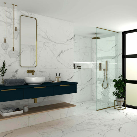 Panna Calacatta Matt XL Marble Efect 1200x600mm Wall and Floor Tiles in Bathroom