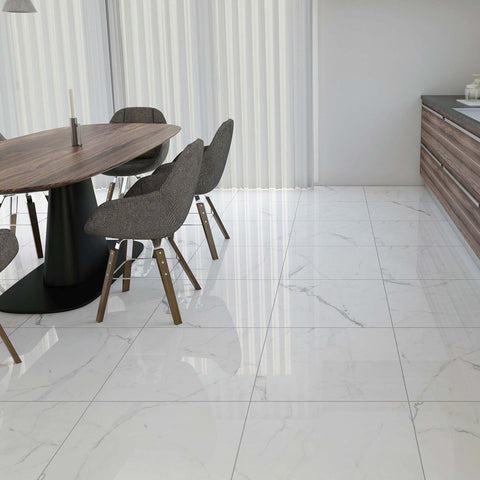Panna Calacatta Polished Marble Efect 600x600mm Floor Tile in Living Room