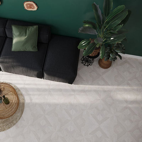 Parquet Star Ash Grey 60x60cm Wood Effect Floor Tile in Living Room