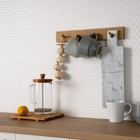 Penny Matt White Circle Mosaic Wall and Floor Tile as Kitchen Splashback Side View