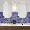 Portofino Blue Hexagon Polished Porcelain 510x265mm Wall Tile in Bathroom with Double Couples Sink, and Gold Feautres