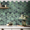 Portofino Green Hexagon Polished Porcelain 510x265mm Wall Tile on Kitchen Wall as a Splash Back, with white kitchen counter tops and flowers