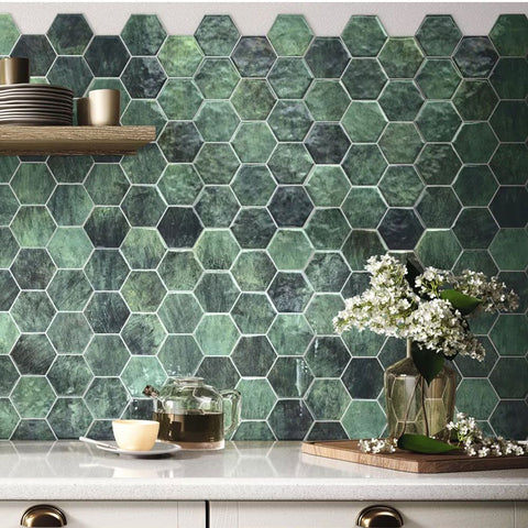 Portofino Green Hexagon Polished Porcelain 510x265mm Wall Tile on Kitchen Wall as a Splash Back, with white kitchen counter tops and flowers
