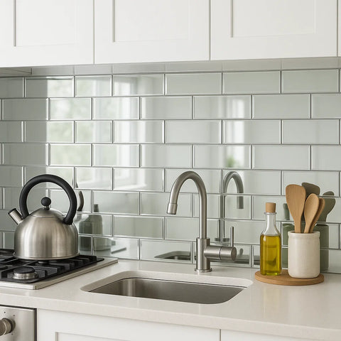 Reflections Silver Mirror Metro Subway Wall 100x300mm Tile as Kitchen Splashback