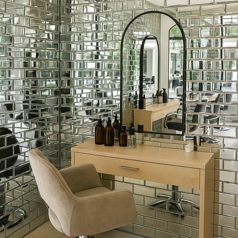 Reflections Silver Mirror Metro Subway Wall 75x300mm Tile in Hair Salon