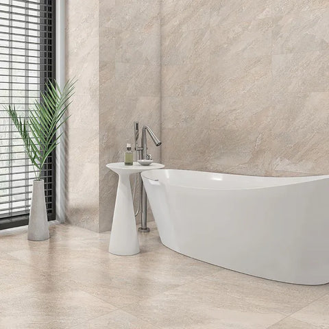 Rome Sandstone Ivory Matt Stone Effect Porcelain Wall and Floor 600x300mm Tile in Bathroom on Walls and Floors