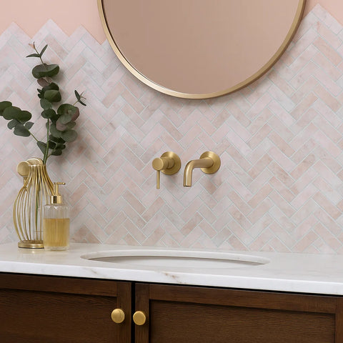 Rosé Verona Authentic Pink Marble Herringbone Wall and Floor Mosaic Tile as Bathroom Splash Back