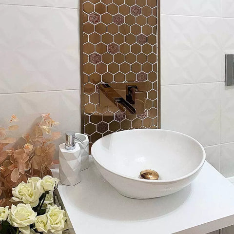 Rose Gold Hexagon Metal 300x300mm Mosaic Wall Tile On Bathroom Wall Behind Sink as Feature